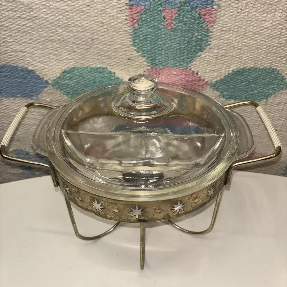 MCM divided Fire-King 1.5 quart casserole dish with stand/warmer